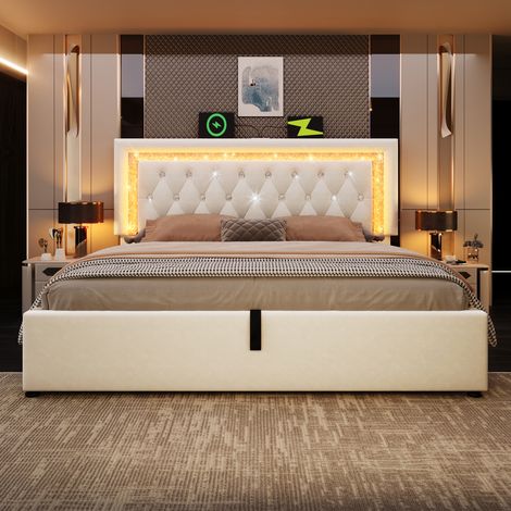 Lit coffre 180x200 velours beige, LED tête de lit diamant, USB/Type-C (1/5)