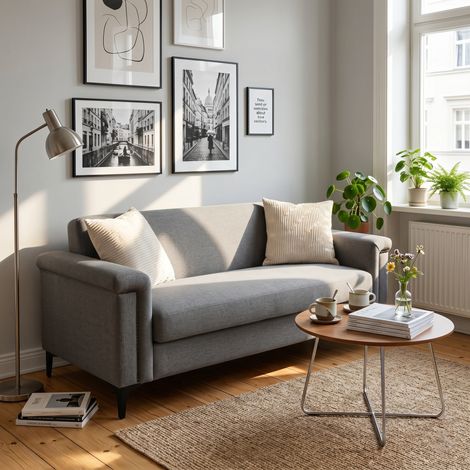 FX-P22EU-LG (SOFA 557-8) Elegante sofá escandinavo: tejido de lino fino, estructura de madera maciza y patas de metal, cómodo para la vida moderna.