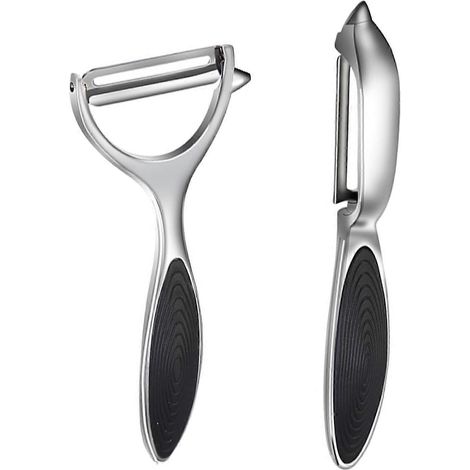 Ensemble de 2 éplucheurs polyvalents en acier inoxydable de qualité supérieure pour pommes de terre, carottes et plus encore - Manche noir et finitions argentées (1/5)
