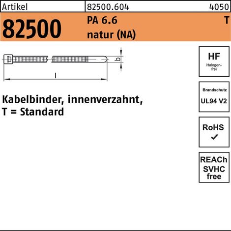 HELLERMANNTYTON Kabelbinder R 82500 innenverzahnt 2,8 x 240/ 65Polyamid 6.6 natur 100 Stück
