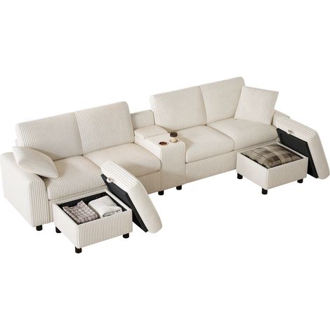 Canapé en U Velours Côtelé Beige 315 cm avec Poufs de Rangement, Table Basse, Ports USB et Prises (1/5)