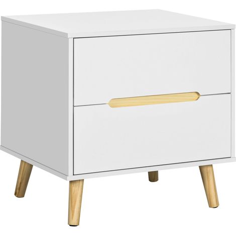 Table de chevet moderne à 2 tiroirs, en aggloméré et pieds en pin, 50 x 40 x 50,5 cm (L x P x H), blanche (1/5)