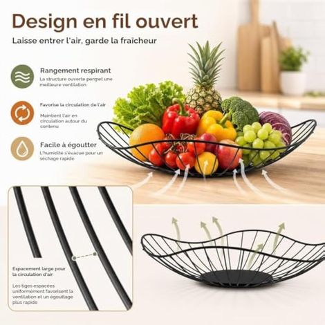 Corbeille à fruits en métal noir, panier ovale en fil métallique au design de feuilles, panier à fruits ouvert pour fruits, légumes et pain, panier à fruits décoratif pour cuisine et table à (1/3)