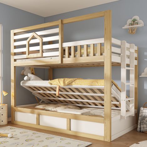 Lit superposé enfant 140 x 200 cm style cabane bois et blanc avec rangement hydraulique (1/5)