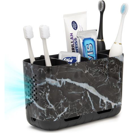 Porte-brosse à dents noir Support pour brosse à dents électrique Motif marbre 6 compartiments Organisateur de brosses à dents amovibles Organiseur familial pour salle de bain lavabo plan de travail (1/5)