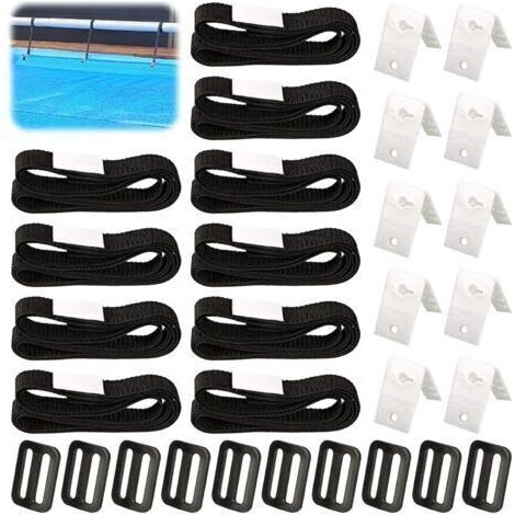 Fixation pour Bâche Solaire de Piscine,10 Pièces Kit de Sangles de Couverture Solaire,Enrouleur de Couverture Solaire,Sangles de Fixation,Pinces,Boucles,pour Piscine Universelle