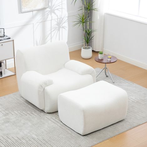 Fauteuil en chenille avec tabouret sous vide,mousse 30D haute élasticité. Sans assemblage,parfait pour salon et petit espace,ivoire. (1/5)