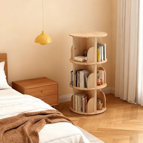 Bibliothèque Rotative 360° en Bois Massif 3 Niveaux, Étagère de Rangement pour Enfant et Adulte, Ø 39 x H 98 cm, Naturel (1/5)