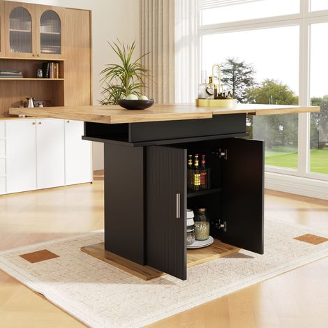 Table à manger télescopique 140×70 cm extensible avec étagère trois compartiments cuisine salon Nature+Noir-Da.