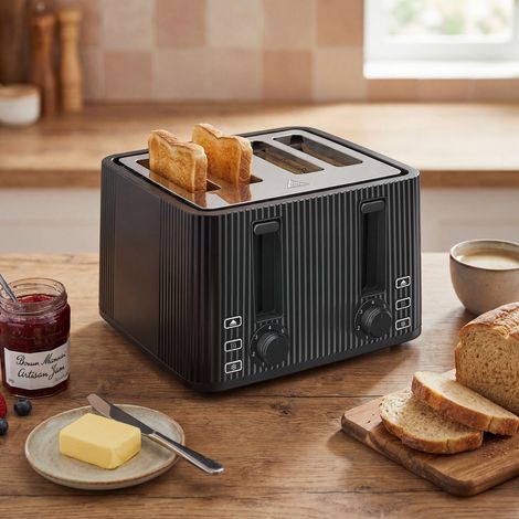 Toaster mit 4 breiten Schlitzen, 7 Bräunungsstufen, Auftau-, Aufwärm- und Abbruchfunktion, herausnehmbares Tablett, Schwarz