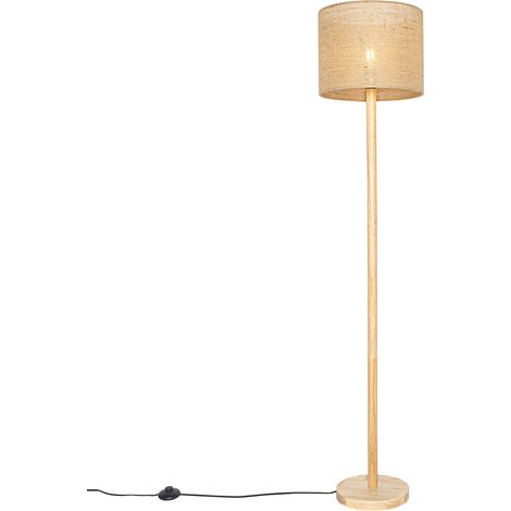 Smarte Holz-Stehleuchte mit naturfarbenem Leinenschirm 32 cm inkl. Wifi A60 - Mels