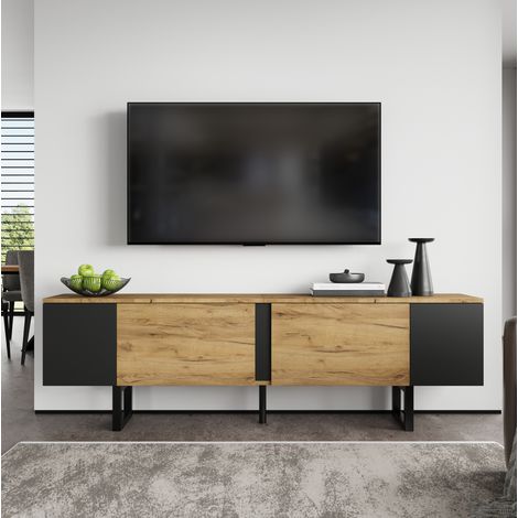 Mobile TV 180 x 40 x 55 cm con 2 ante e vani aperti, legno naturale e nero HAVRYA (1/5)