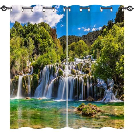 Rideau Occultant Nature Forêt Cascade Rivière Rideau Thermique Isolant Tenture Opaque à Oeillets Draperies Intérieurs pour Maison Chambre Salon 2 Panneaux L 117 x H 160 cm - 117L X 160H cm (2 Panneaux (1/5)