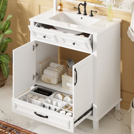 Meuble lavabo sur pied blanc laqué 77x46x86cm vasque céramique 9 rangements double porte charnières soft close salle de bain (1/5)