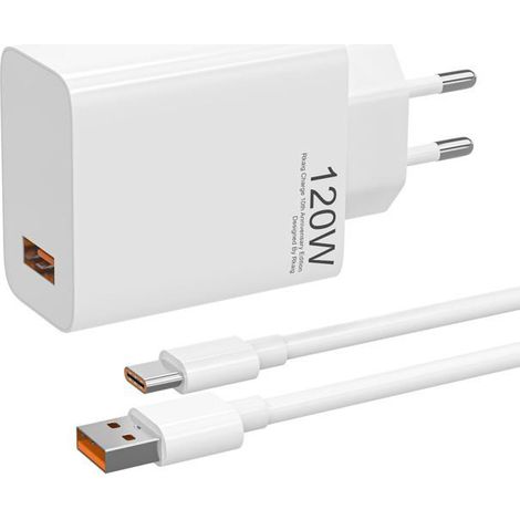 Chargeur USB rapide 120 W pour Xiaomi 14T Pro / 14 Ultra / 13T Pro / 13 Lite / 12T / 11T, etc., incluant un câble USB-C de 2 m (6 A)