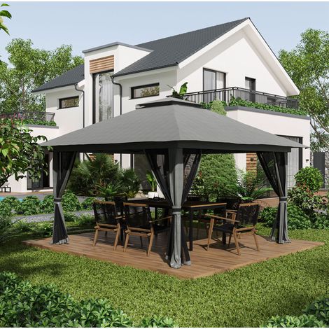 Tonnelle pliante 4 x 4 m avec toit double, protection solaire, parois moustiquaires, hauteur réglable, gris foncé (1/5)