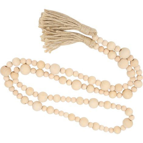Guirlande de perles en bois couleur bois, style rustique, avec pompon, pour décoration murale et pendentifs. (1/4)