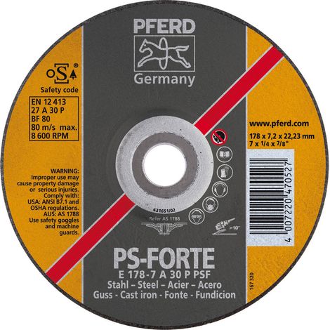 Meule à ébarber PSF STEEL D180xS7.2 mm contre-coudé acier perçage 22.23 mm PFERD (Par 10) (1/2)