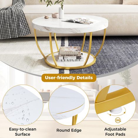 Round coffee table, wooden sofa table with 2 levels & metal frame, living room table, coffee table, white (1/5)