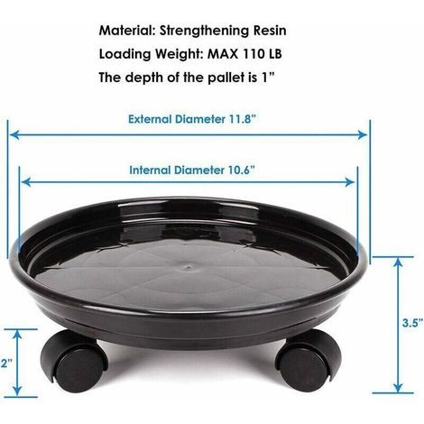 Lot de 2 plateaux de 30 cm pour pots de fleurs ronds avec 4 roulettes pour la maison ou le jardin – Noir