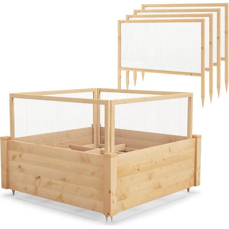 COSTWAY Cama de Jardín Elevada con Valla, Caja de Madera Elevada con Valla Protectora y Rejilla de Crecimiento, Kit de Cama de Jardín al Aire Libre para Cultivar Flores, Vegetales, Frutas y Hierbas (1/5)