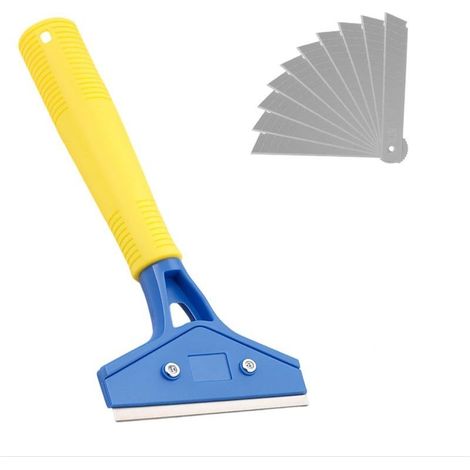 Grattoir à vitres avec 10 lames, manche de 23 cm, grattoir à peinture, lames en acier carbone de 100 mm, grattoir à plaque en acier inoxydable pour carrelage, papier peint, colle (1/5)