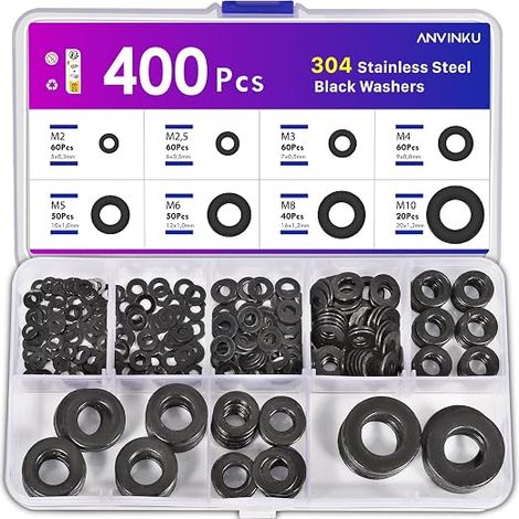 Lot de rondelles en acier inoxydable - 8 tailles - M2, M2,5, M3, M4, M5, M6, M8, M10 - Assortiment de rondelles pour vis (1/5)