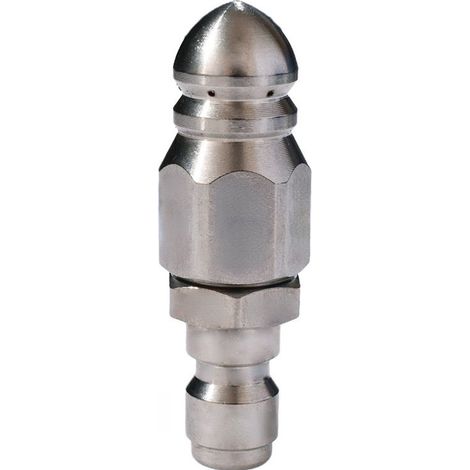 Boquilla desatascadora con 6 boquillas de acero inoxidable, 5000 psi Conexión rápida de 1/4" (delantera/trasera) 1 boquilla frontal puntiaguda + 6 boquillas traseras Cabezal macho de 1/4" (1/5)