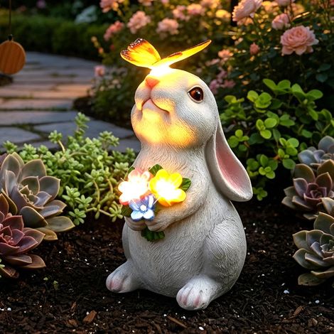 Statue Lapin Solaire - 1 Pièce - Résine Grise - Éclairage LED Auto - Décor Jardin Patio Pelouse - 20x16x27 cm (1/5)