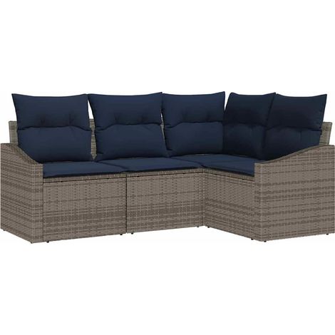 Gartensofa-set mit Kissen 4 pcs Grau und Marineblau Poly-Rattan vidaXL