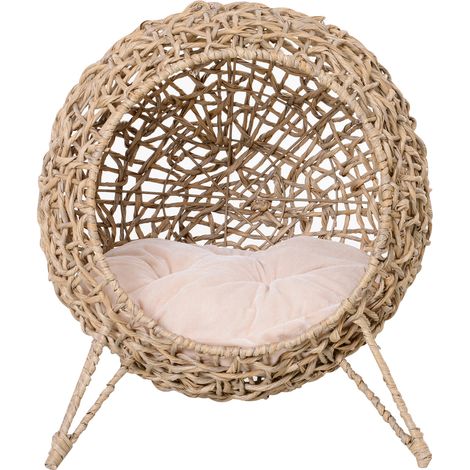 Pawhut – Maisonnette pour chat en résine tressée – Niche ronde Ø 38 cm – Coussin amovible en coton – Design original beige – Charge max 10 Kg