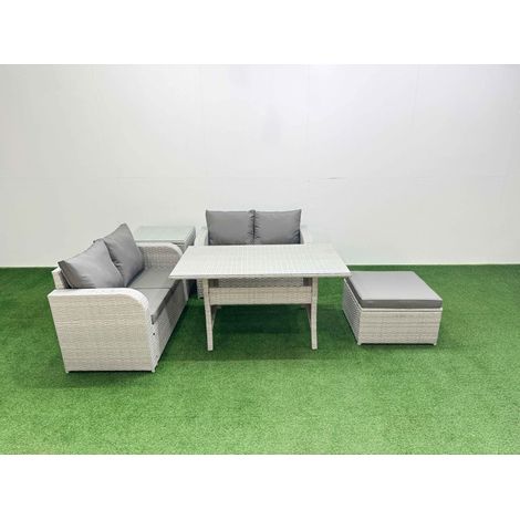 Fimous 5 Seater Outdoor Love Sofa Set Rattan Garden Furniture Set with Rectangular Dining Table Big Footstool Side Table Light Grey (1/4)