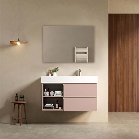 Mobile bagno sospeso 100 cm Rosa Retro Lavabo a Destra in Resina Specchio Quadro - Fiji Paint Plus (1/4)