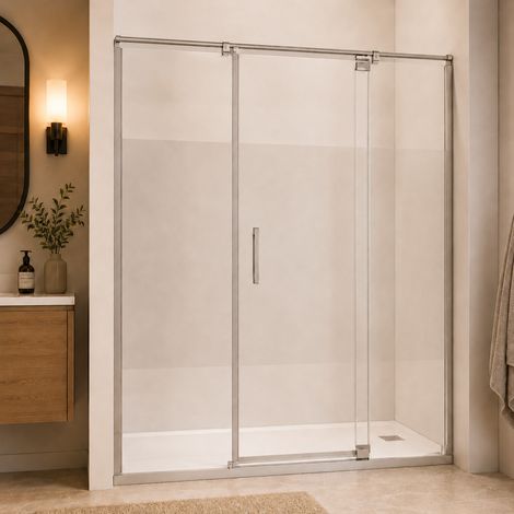 Paroi de douche Fixe + Porte Pivotante Ajustable - 150 à 160 cm - Poignée à Gauche - Sablée (1/5)