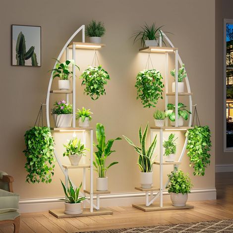 Support pour plantes d'intérieur en métal Étagère haute à 6 niveaux Lampes de croissance Presentoir en demi-lune Support pour salon et terrasse - Blanc (1/5)