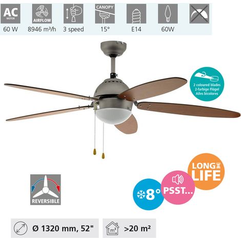 EGLO Deckenventilator Susale, 5 Flügel Ventilator mit Zugkette, Beleuchtung und Sommer Winter Betrieb, Wendeflügel aus MDF in Rotbraun oder Hellbraun, Silber, AC Motor, Ø 132cm (1/5)