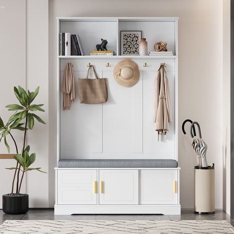 Mobile ingresso con panca portascarpe e 6 ganci, bianco, 120 x 40 x 191 cm HAVRYA (1/5)