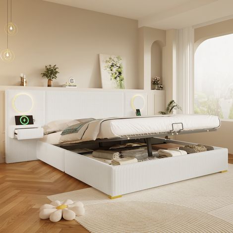 Lit coffre rembourré 180x200 cm avec tête de LED, lit capitonné avec ports USB et tiroirs de chevet, cadre de lit 2 places en velours, beige (1/5)