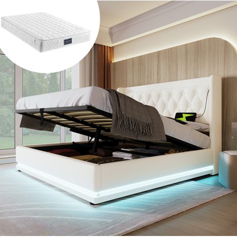 Polsterbett Doppelbett 140200 cm,Weiß PU-Material Hydraulisches Stauraumbett, gepolstertes Kopfteil mit USB Typ-C Ladefunktion, 3-seitige LED-Funktion(Mit Matratze) (1/5)