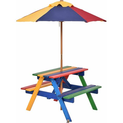Table de pique-nique enfant multicolore en bois de sapin avec 2 bancs 4 places et parasol démontable pour jardin, plage et terrasse (1/5)