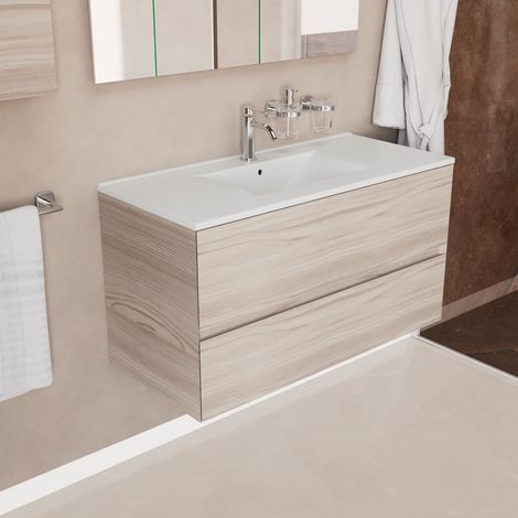 Inda - Badezimmerschrank 100 cm breiter aus Onyx-Lärche in Sand mit 2 Schubladen und Keramikwaschbecken (1/4)