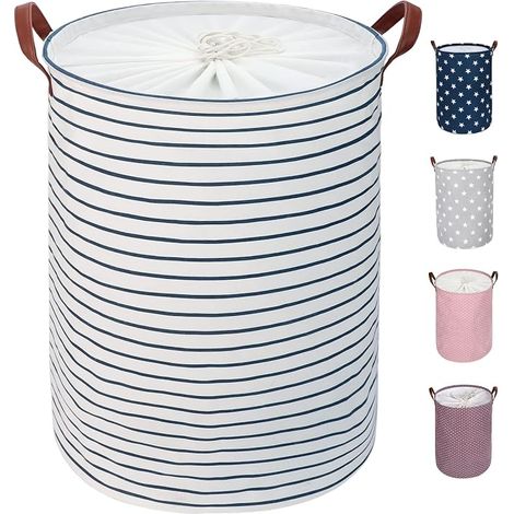 Large Organiser Baskets for Clothes Storage, Drawstring Laundry Baskets, Foldable Bag, Capacity Folding (Blue Stripe, M)