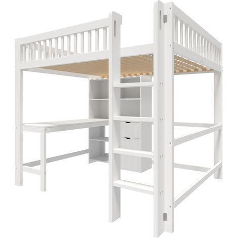 Lit mezzanine enfant 140x200 cm avec bureau, rangements et 3 tiroirs en bois blanc MODENUIT (1/5)
