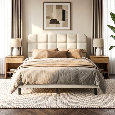 Lit adulte 160x200 cm Patbrela – Tête de lit capitonnée en velours beige – Sommier à lattes – Montage facile – Lit double rembourré (1/5)