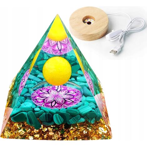 Pirámide de orgonita + base de lámpara LED, amuleto de piedras de cristal de 5 cm, 5 cm de alto x 15 cm. (1/5)
