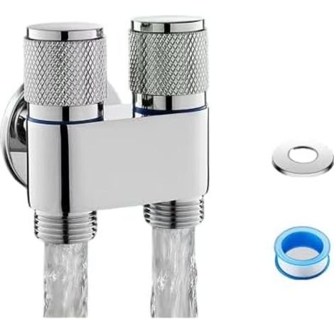 Silver toilet faucet with dual control valve and 20mm portable flush nozzle.