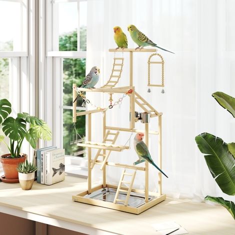 Natürlicher Holz-Vogelspielstand mit 4 Ebenen und Edelstahlablage HAVRYA (1/5)