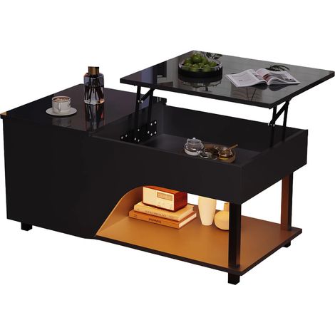 Table basse,Table de salon Noir avec Plateau relevable avec stockage intégré,Étagères latérales réglables,LED contrôlable par App (1/5)