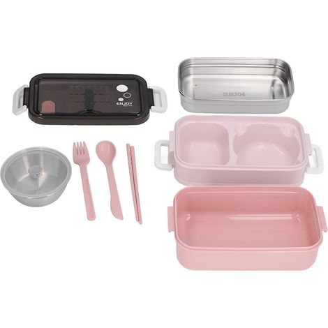 Stapelbare, zweistöckige, isolierte Lunchbox aus Edelstahl 304, 200 ml Fassungsvermögen, mit Klappdeckel, korallenrosa (1/5)