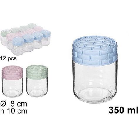 TrAdE Shop Traesio - Set 12pz Contenitore Barattolo Vetro Con Coperchio Rattan Colorato 350ml 114660 -